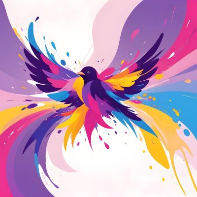 A Colorful Bird With Vibrant Feathers In Shades Of Purple Pink Orange And Yellow The Bird Has A Simple Stylized Design With Abstract Patterns And Shapes Forming Its Plumage The Background Is Plain White 87 9387