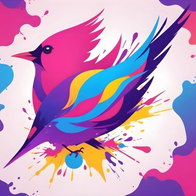 A Colorful Bird With Vibrant Feathers In Shades Of Purple Pink Orange And Yellow The Bird Has A Simple Stylized Design With Abstract Patterns And Shapes Forming Its Plumage The Background Is Plain White 98 0239