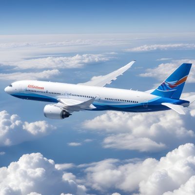 A Commercial Airplane Flying Above The Clouds Against A Clear Blue Sky The Aircraft Is Predominantly Blue With Some Colored Accents On The Tail And Engines The Wings Are Extended And The Scene Captures The Aircraft 11 0cef