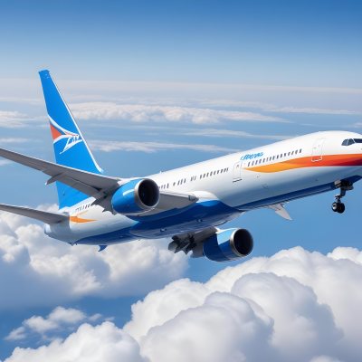 A Commercial Airplane Flying Above The Clouds Against A Clear Blue Sky The Aircraft Is Predominantly Blue With Some Colored Accents On The Tail And Engines The Wings Are Extended And The Scene Captures The Aircraft 14 D10e