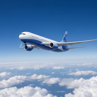 A Commercial Airplane Flying Above The Clouds Against A Clear Blue Sky The Aircraft Is Predominantly Blue With Some Colored Accents On The Tail And Engines The Wings Are Extended And The Scene Captures The Aircraft 16 E1d5