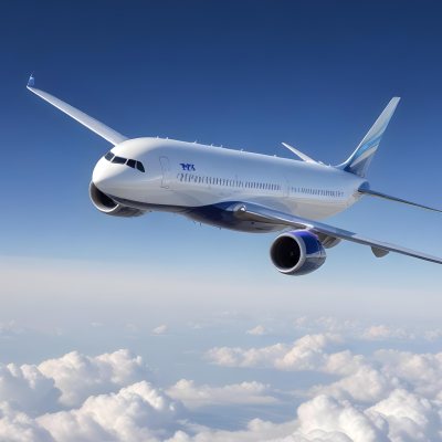 A Commercial Airplane Flying Above The Clouds Against A Clear Blue Sky The Aircraft Is Predominantly Blue With Some Colored Accents On The Tail And Engines The Wings Are Extended And The Scene Captures The Aircraft 18 B32a