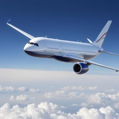 A Commercial Airplane Flying Above The Clouds Against A Clear Blue Sky The Aircraft Is Predominantly Blue With Some Colored Accents On The Tail And Engines The Wings Are Extended And The Scene Captures The Aircraft 19 488b