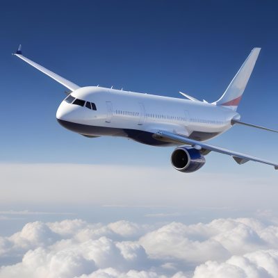 A Commercial Airplane Flying Above The Clouds Against A Clear Blue Sky The Aircraft Is Predominantly Blue With Some Colored Accents On The Tail And Engines The Wings Are Extended And The Scene Captures The Aircraft 21 4d59