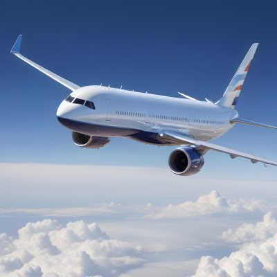 A Commercial Airplane Flying Above The Clouds Against A Clear Blue Sky The Aircraft Is Predominantly Blue With Some Colored Accents On The Tail And Engines The Wings Are Extended And The Scene Captures The Aircraft 22 A645