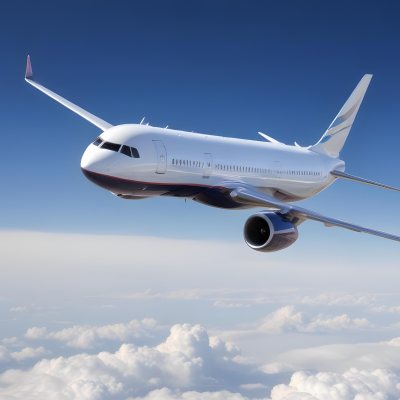 A Commercial Airplane Flying Above The Clouds Against A Clear Blue Sky The Aircraft Is Predominantly Blue With Some Colored Accents On The Tail And Engines The Wings Are Extended And The Scene Captures The Aircraft 25 45ba