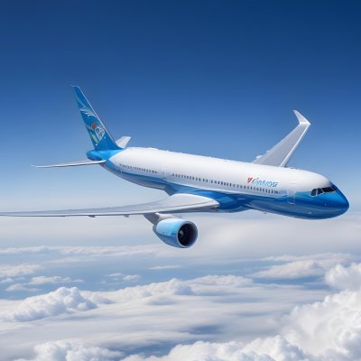 A Commercial Airplane Flying Above The Clouds Against A Clear Blue Sky The Aircraft Is Predominantly Blue With Some Colored Accents On The Tail And Engines The Wings Are Extended And The Scene Captures The Aircraft 5 Bd42