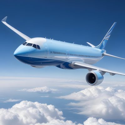 A Commercial Airplane Flying Above The Clouds Against A Clear Blue Sky The Aircraft Is Predominantly Blue With Some Colored Accents On The Tail And Engines The Wings Are Extended And The Scene Captures The Aircraft 8 8029