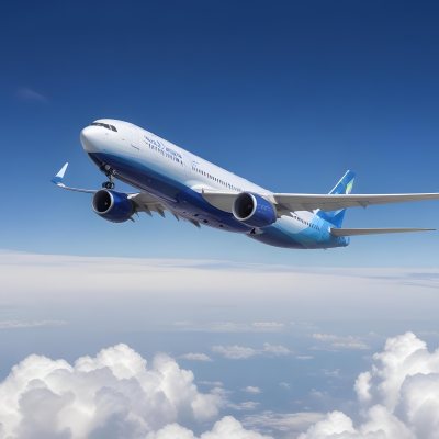 A Commercial Airplane Flying Above The Clouds Against A Clear Blue Sky The Aircraft Is Predominantly Blue With Some Colored Accents On The Tail And Engines The Wings Are Extended And The Scene Captures The Aircraft 9 Bc9d