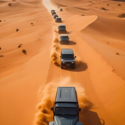 A Convoy Of Off Road Vehicles Driving Through A Vast Sandy Desert Landscape With Rolling Dunes 14 B158