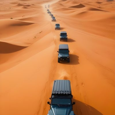 A Convoy Of Off Road Vehicles Driving Through A Vast Sandy Desert Landscape With Rolling Dunes 15 927d