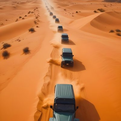 A Convoy Of Off Road Vehicles Driving Through A Vast Sandy Desert Landscape With Rolling Dunes 16 A350