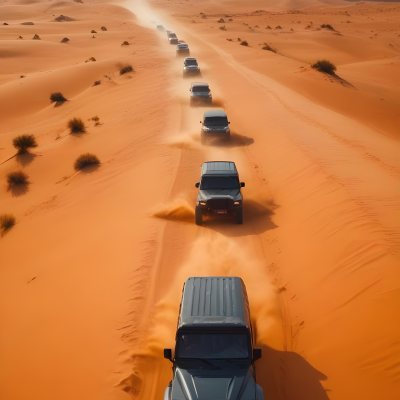 A Convoy Of Off Road Vehicles Driving Through A Vast Sandy Desert Landscape With Rolling Dunes 4 48dd