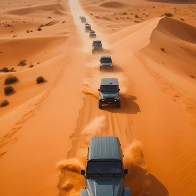 A Convoy Of Off Road Vehicles Driving Through A Vast Sandy Desert Landscape With Rolling Dunes 6 8385