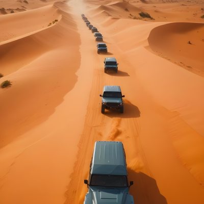 A Convoy Of Off Road Vehicles Driving Through A Vast Sandy Desert Landscape With Rolling Dunes 7 D0e6