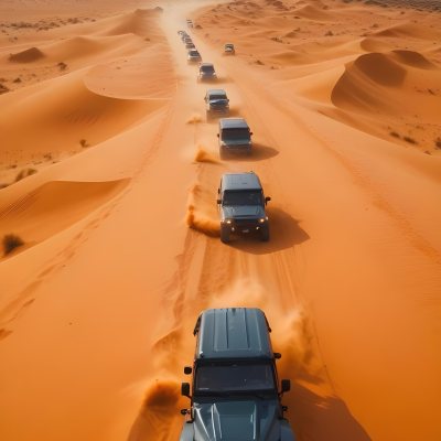A Convoy Of Off Road Vehicles Driving Through A Vast Sandy Desert Landscape With Rolling Dunes 8 Fd23