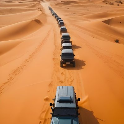 A Convoy Of Off Road Vehicles Driving Through A Vast Sandy Desert Landscape With Rolling Dunes 9 55bd