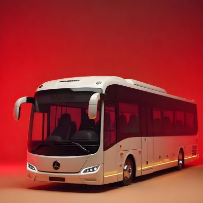 A White Mercedes Benz Tourismo Bus With Black Windows And A White Background With Neon Lights 12 809a