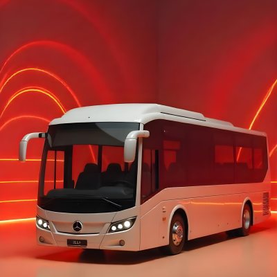 A White Mercedes Benz Tourismo Bus With Black Windows And A White Background With Neon Lights 13 74b3