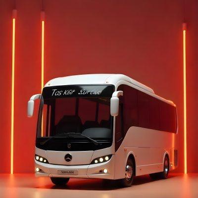 A White Mercedes Benz Tourismo Bus With Black Windows And A White Background With Neon Lights 14 027d
