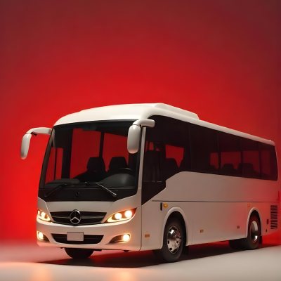 A White Mercedes Benz Tourismo Bus With Black Windows And A White Background With Neon Lights 4 31f0