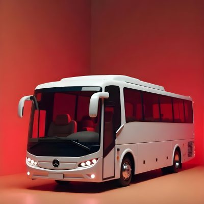 A White Mercedes Benz Tourismo Bus With Black Windows And A White Background With Neon Lights 6 B6aa