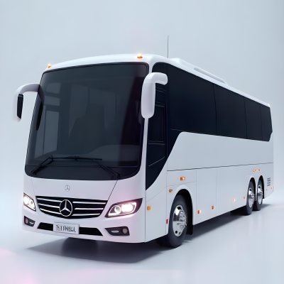 A White Mercedes Benz Tourismo Bus With Black Windows And A White Background With Neon Lights 7 5e74
