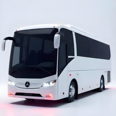 A White Mercedes Benz Tourismo Bus With Black Windows And A White Background With Neon Lights 8 2bf6