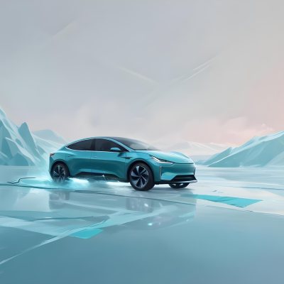 Digital Painting A Sleek Futuristic Electric Car In A Vibrant Teal Color Floating On An Icy Abstract Landscape With A Person Standing In The Background Bold And Slim Lines Brush Strokes 12 9247