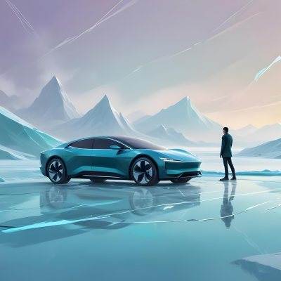 Digital Painting A Sleek Futuristic Electric Car In A Vibrant Teal Color Floating On An Icy Abstract Landscape With A Person Standing In The Background Bold And Slim Lines Brush Strokes 13 F14d