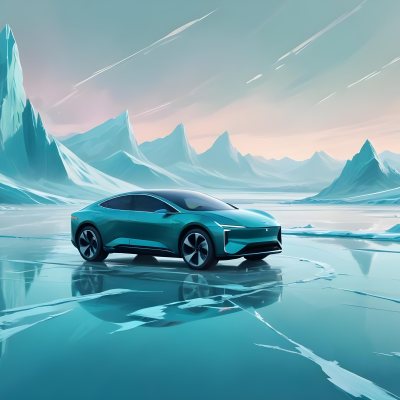 Digital Painting A Sleek Futuristic Electric Car In A Vibrant Teal Color Floating On An Icy Abstract Landscape With A Person Standing In The Background Bold And Slim Lines Brush Strokes 14 4161