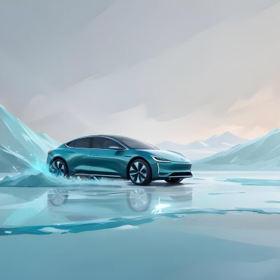 Digital Painting A Sleek Futuristic Electric Car In A Vibrant Teal Color Floating On An Icy Abstract Landscape With A Person Standing In The Background Bold And Slim Lines Brush Strokes 15 883d