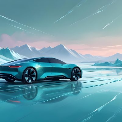Digital Painting A Sleek Futuristic Electric Car In A Vibrant Teal Color Floating On An Icy Abstract Landscape With A Person Standing In The Background Bold And Slim Lines Brush Strokes 16 D661