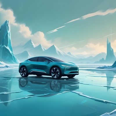 Digital Painting A Sleek Futuristic Electric Car In A Vibrant Teal Color Floating On An Icy Abstract Landscape With A Person Standing In The Background Bold And Slim Lines Brush Strokes 17 9677