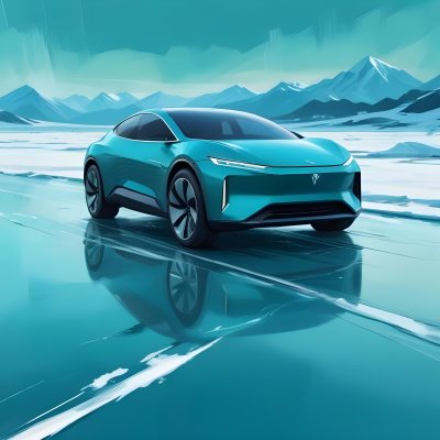 Digital Painting A Sleek Futuristic Electric Car In A Vibrant Teal Color Floating On An Icy Abstract Landscape With A Person Standing In The Background Bold And Slim Lines Brush Strokes 18 33de