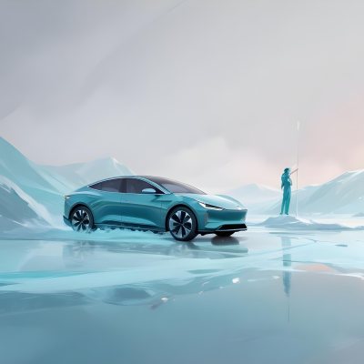 Digital Painting A Sleek Futuristic Electric Car In A Vibrant Teal Color Floating On An Icy Abstract Landscape With A Person Standing In The Background Bold And Slim Lines Brush Strokes 5 D847