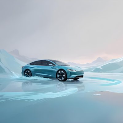 Digital Painting A Sleek Futuristic Electric Car In A Vibrant Teal Color Floating On An Icy Abstract Landscape With A Person Standing In The Background Bold And Slim Lines Brush Strokes 7 4553