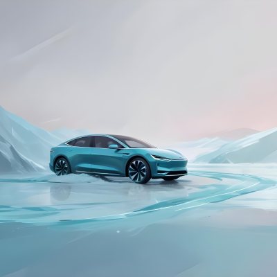 Digital Painting A Sleek Futuristic Electric Car In A Vibrant Teal Color Floating On An Icy Abstract Landscape With A Person Standing In The Background Bold And Slim Lines Brush Strokes 8 09f7