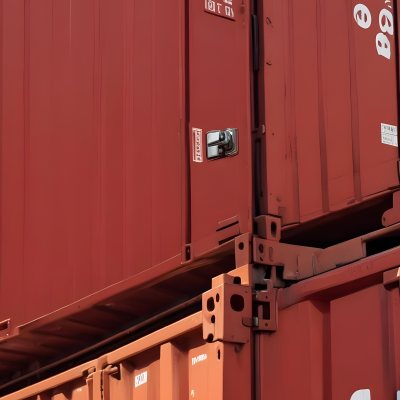 Red Cargo Containers Stacked On Top Of Each Other With A Metal Latch Visible On The Side Of One Of The Containers In A Sunny Environment Against A Background Of A Shipping Yard 19 9483