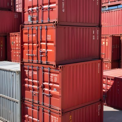 Red Cargo Containers Stacked On Top Of Each Other With A Metal Latch Visible On The Side Of One Of The Containers In A Sunny Environment Against A Background Of A Shipping Yard 2 05ed