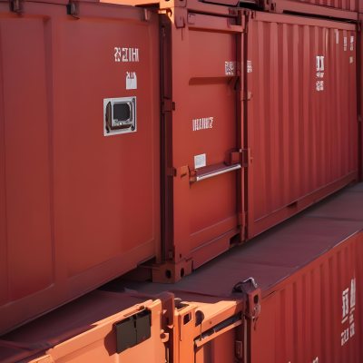 Red Cargo Containers Stacked On Top Of Each Other With A Metal Latch Visible On The Side Of One Of The Containers In A Sunny Environment Against A Background Of A Shipping Yard 20 F62e
