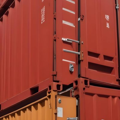 Red Cargo Containers Stacked On Top Of Each Other With A Metal Latch Visible On The Side Of One Of The Containers In A Sunny Environment Against A Background Of A Shipping Yard 22 Fcb9