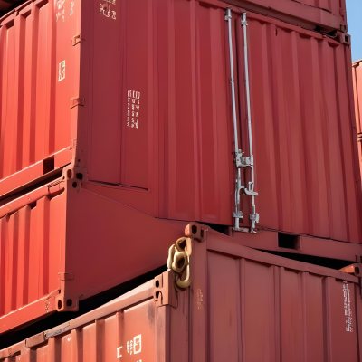 Red Cargo Containers Stacked On Top Of Each Other With A Metal Latch Visible On The Side Of One Of The Containers In A Sunny Environment Against A Background Of A Shipping Yard 3 37e8