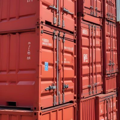 Red Cargo Containers Stacked On Top Of Each Other With A Metal Latch Visible On The Side Of One Of The Containers In A Sunny Environment Against A Background Of A Shipping Yard 5 Ebae