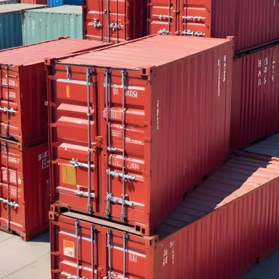 Red Cargo Containers Stacked On Top Of Each Other With A Metal Latch Visible On The Side Of One Of The Containers In A Sunny Environment Against A Background Of A Shipping Yard 6 Edbc