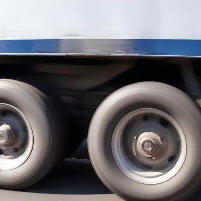 Truck Wheels In Motion Showing The Blur Of Movement With A Blue And White Truck Body Above On A Road 1 Db16