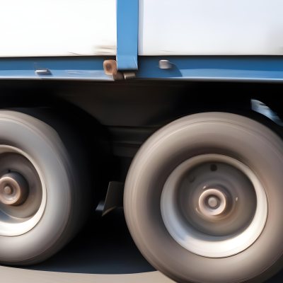 Truck Wheels In Motion Showing The Blur Of Movement With A Blue And White Truck Body Above On A Road 10 A846