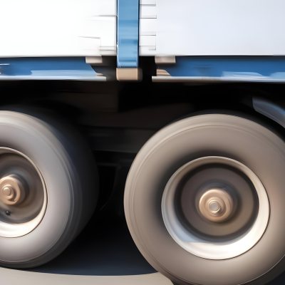 Truck Wheels In Motion Showing The Blur Of Movement With A Blue And White Truck Body Above On A Road 15 8134