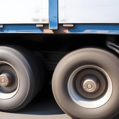 Truck Wheels In Motion Showing The Blur Of Movement With A Blue And White Truck Body Above On A Road 16 0717