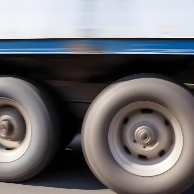 Truck Wheels In Motion Showing The Blur Of Movement With A Blue And White Truck Body Above On A Road 17 209f